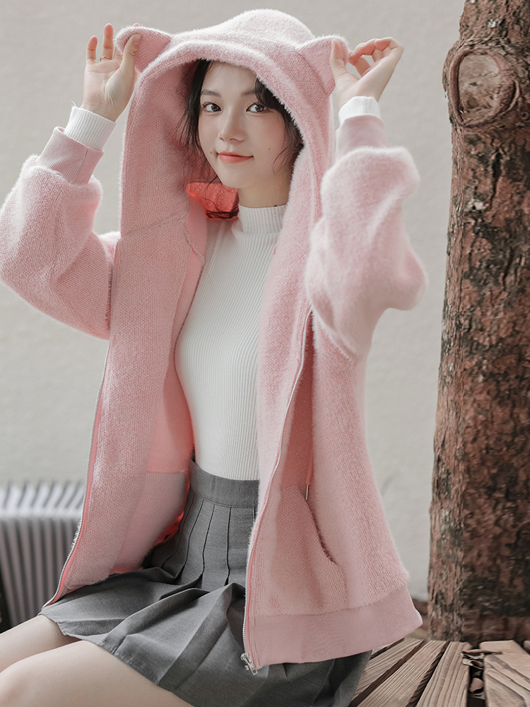 Fuzzy Black Cat Embroidery Retro Cat Ear Beige Loose Raglan Sleeve Hooded Jacket - Image 3