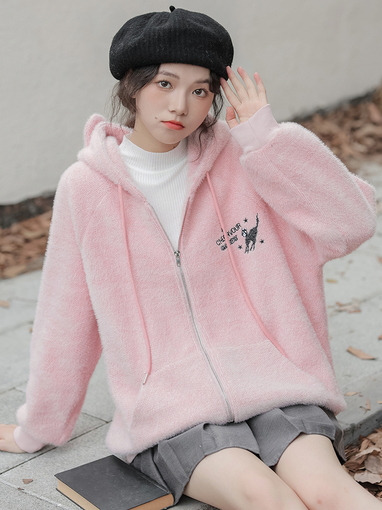 Fuzzy Black Cat Embroidery Hooded Jacket with Retro Cat Ears Beige Loose Raglan Sleeve