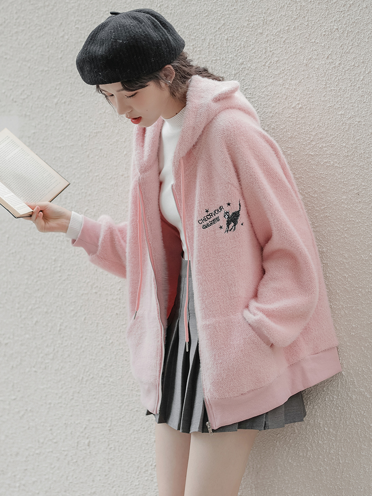 Fuzzy Black Cat Embroidery Hooded Jacket with Retro Cat Ears Beige Loose Raglan Sleeve