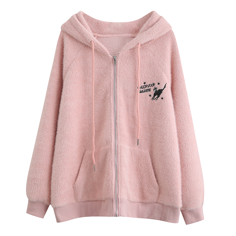 Fuzzy Black Cat Embroidery Retro Cat Ear Beige Loose Raglan Sleeve Hooded Jacket - Image 5