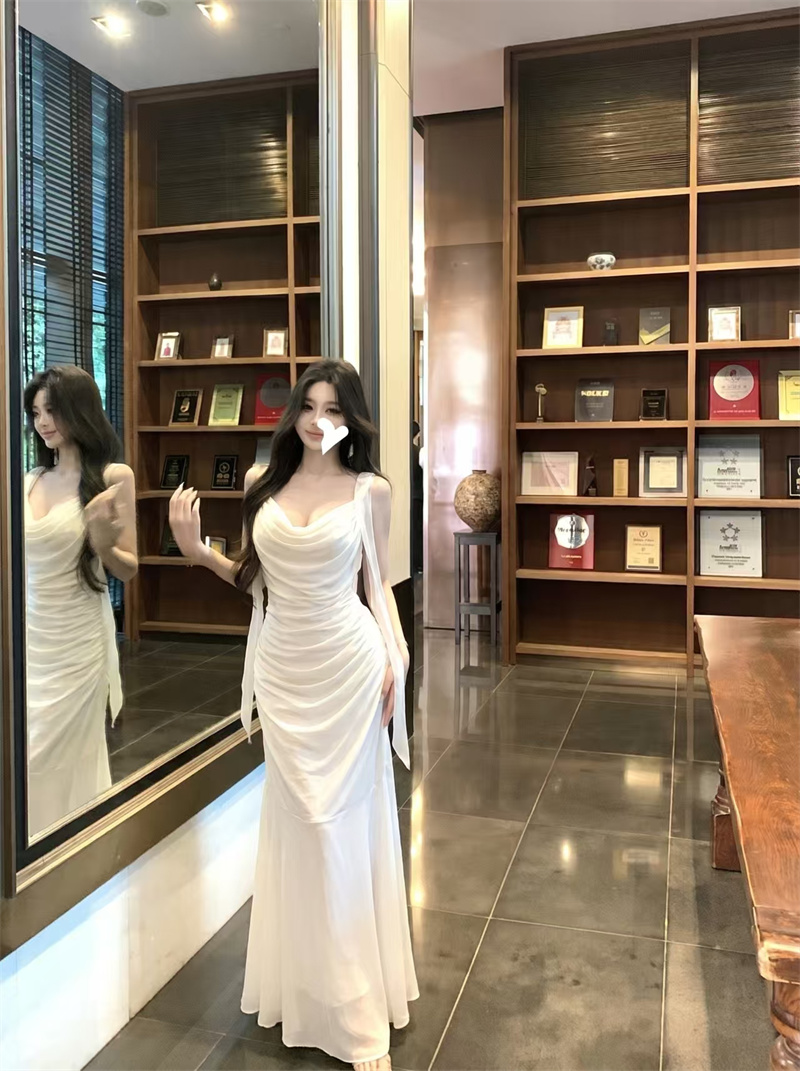 French Style Mesh Cami Dress Women’s Beach Vacation Waist Cinched Bodycon Mermaid Long Dress