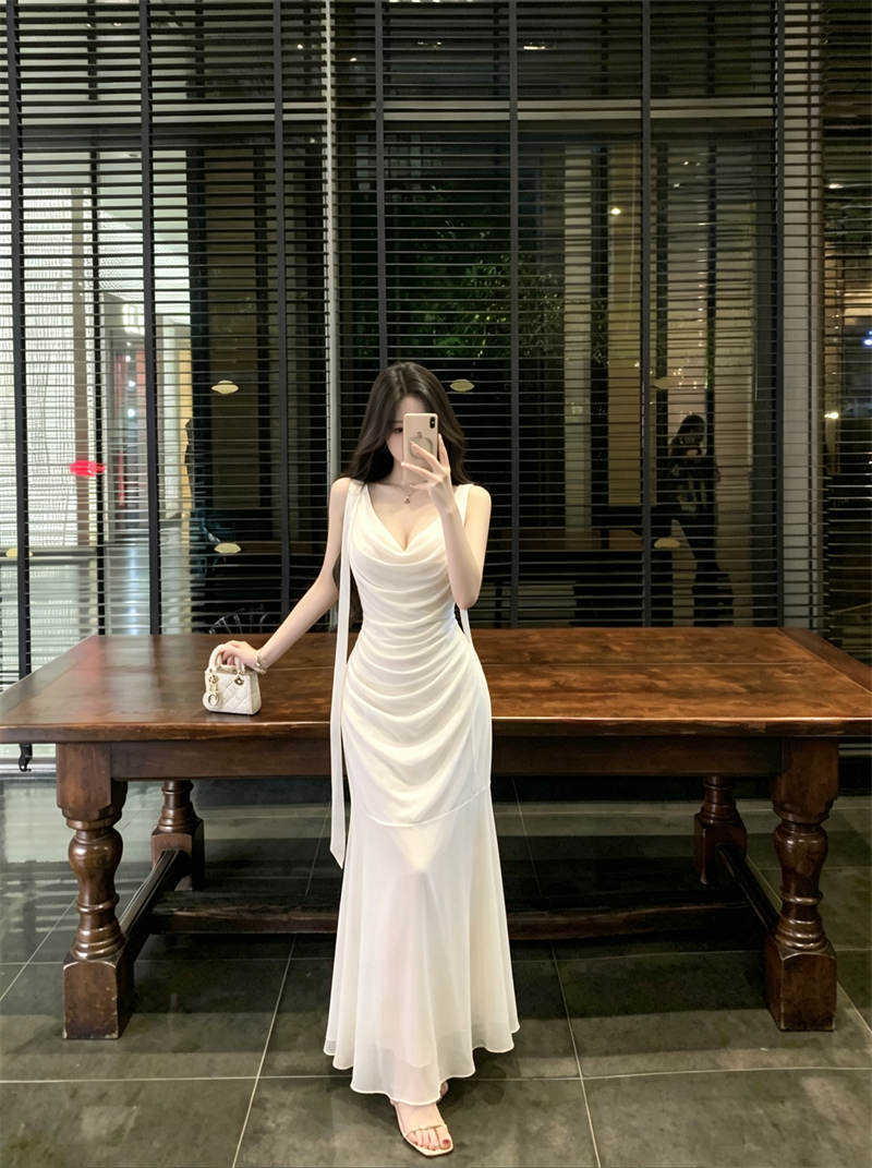 French Style Mesh Cami Dress Women's Beach Vacation Waist Cinched Bodycon Mermaid Long Dress - Image 3
