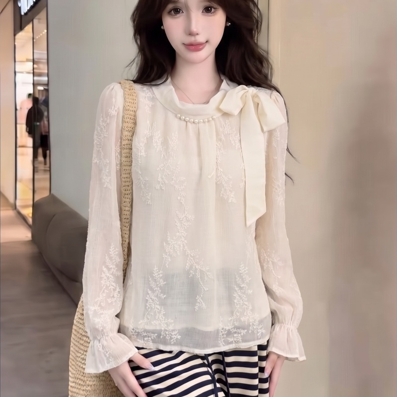 Apricot Bow Chiffon Shirt Women’s Autumn Lace Jacquard Long Sleeve Slimming Gentle Style Top