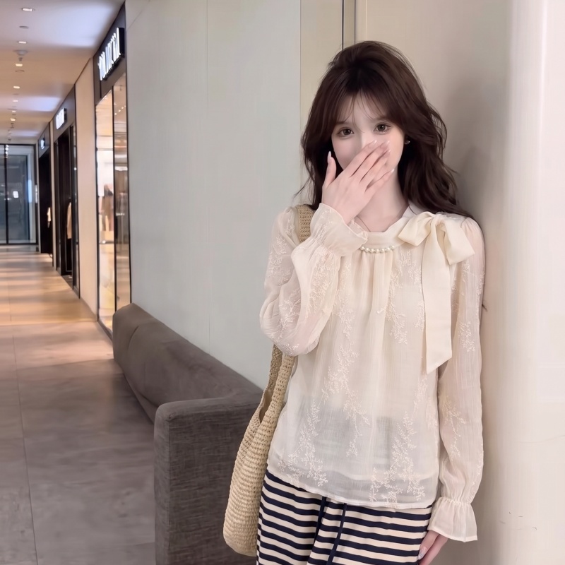 Apricot Bow Chiffon Shirt Women’s Autumn Lace Jacquard Long Sleeve Slimming Gentle Style Top