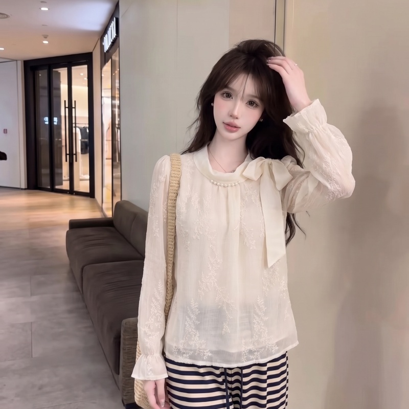 Apricot Bow Chiffon Shirt Women's Autumn Lace Jacquard Long Sleeve Slimming Gentle Style Top - Image 3