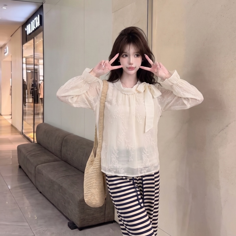Apricot Bow Chiffon Shirt Women's Autumn Lace Jacquard Long Sleeve Slimming Gentle Style Top - Image 4