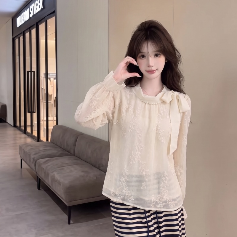 Apricot Bow Chiffon Shirt Women's Autumn Lace Jacquard Long Sleeve Slimming Gentle Style Top - Image 5