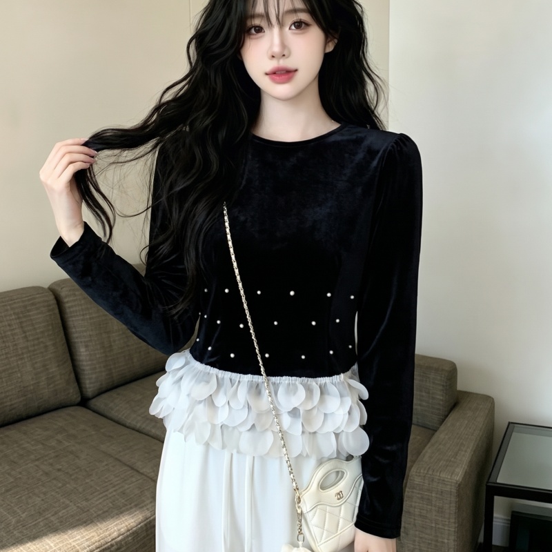 2026 Autumn French Style Black Velvet Spliced Shirt for Women