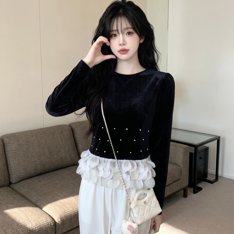 2026 Autumn French Style Black Velvet Spliced Shirt for Women
