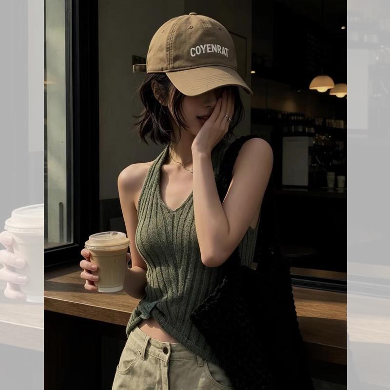 Women’s Textured Halter Knit Cami Solid Slim Cropped Sleeveless Vest for Commute