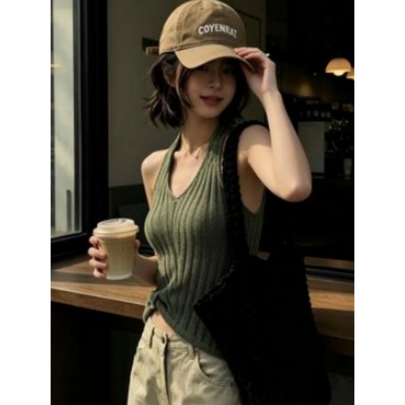 Women’s Textured Halter Knit Cami Solid Slim Cropped Sleeveless Vest for Commute