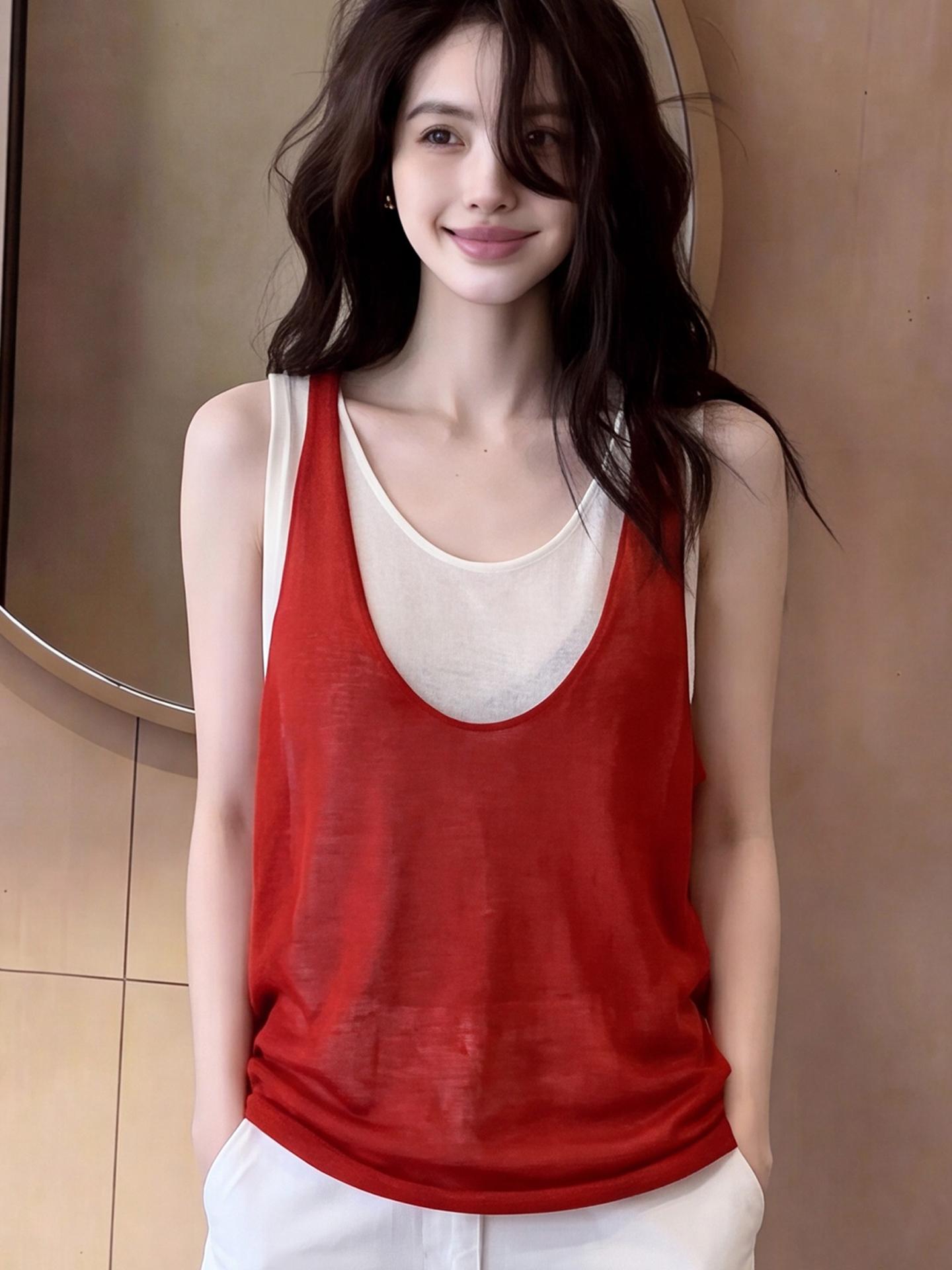 Women’s Red Sleeveless Knit Cami Top – Summer Layered Look