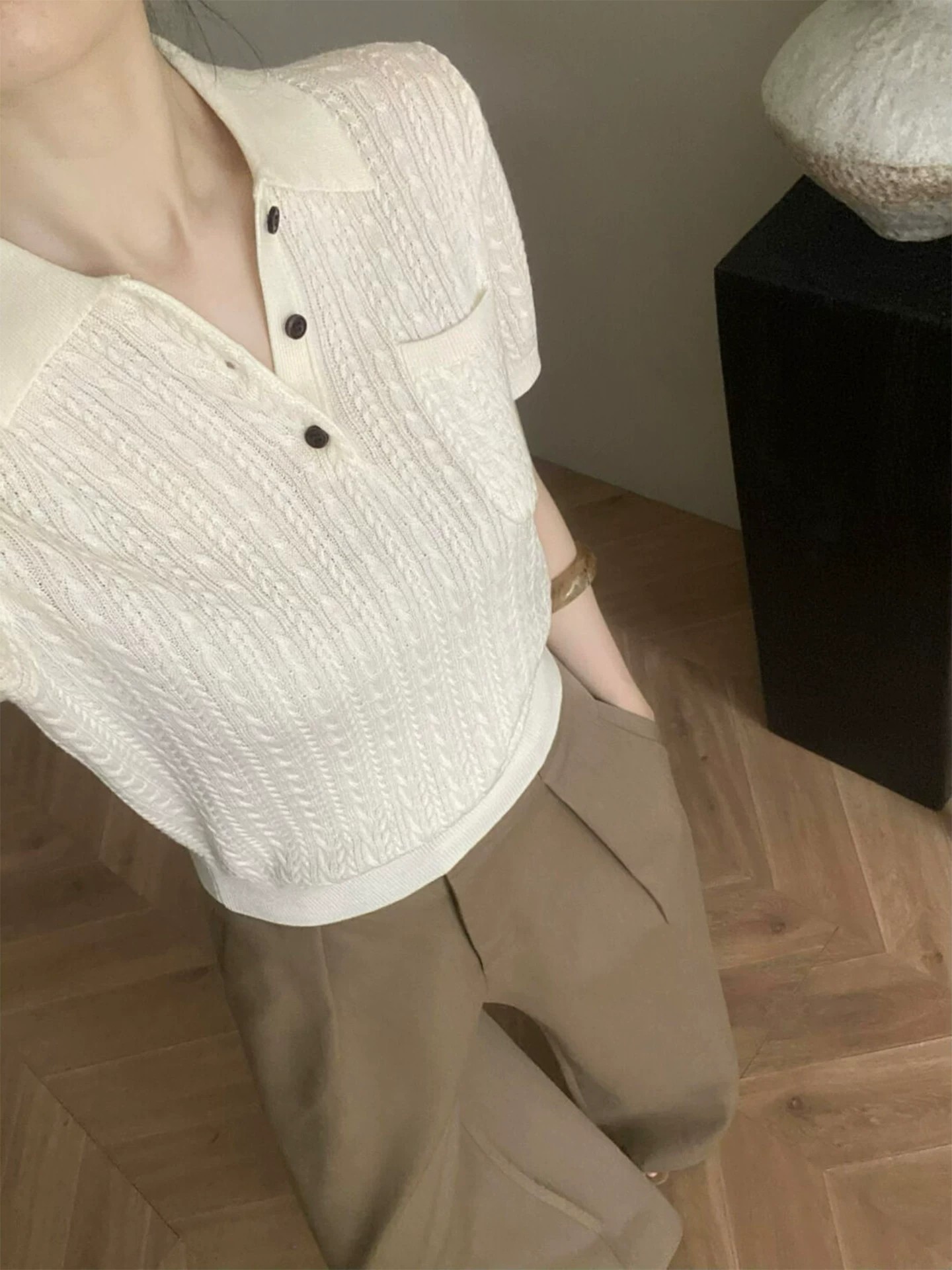 Retro Green Polo Collar Cable Knit Short Sleeve Sweater for Women Summer Chic