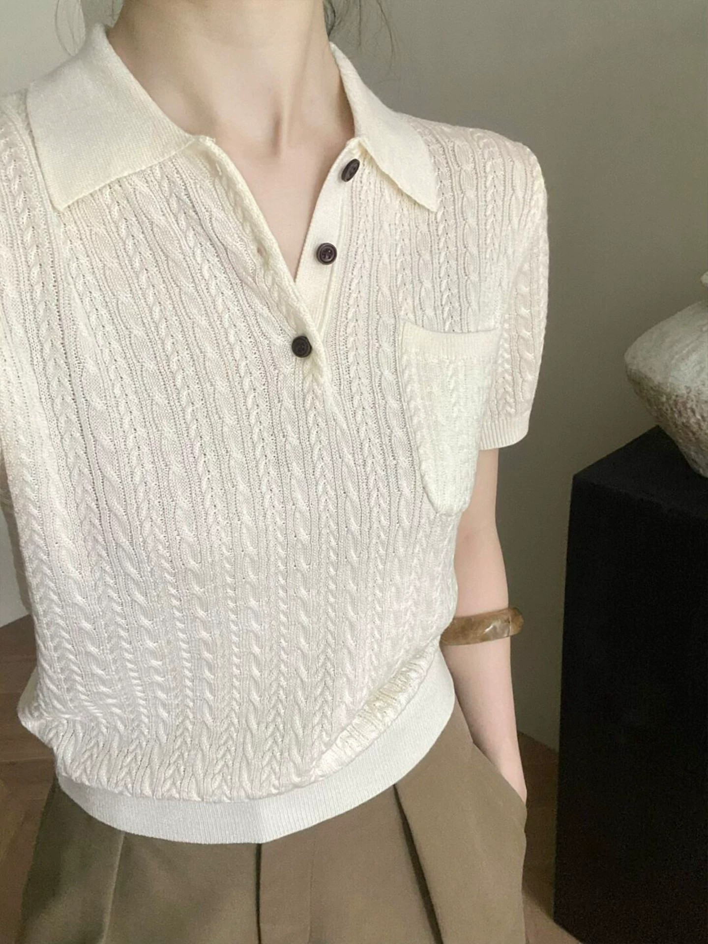 Retro Green Polo Collar Cable Knit Short Sleeve Sweater for Women Summer Chic - Image 3