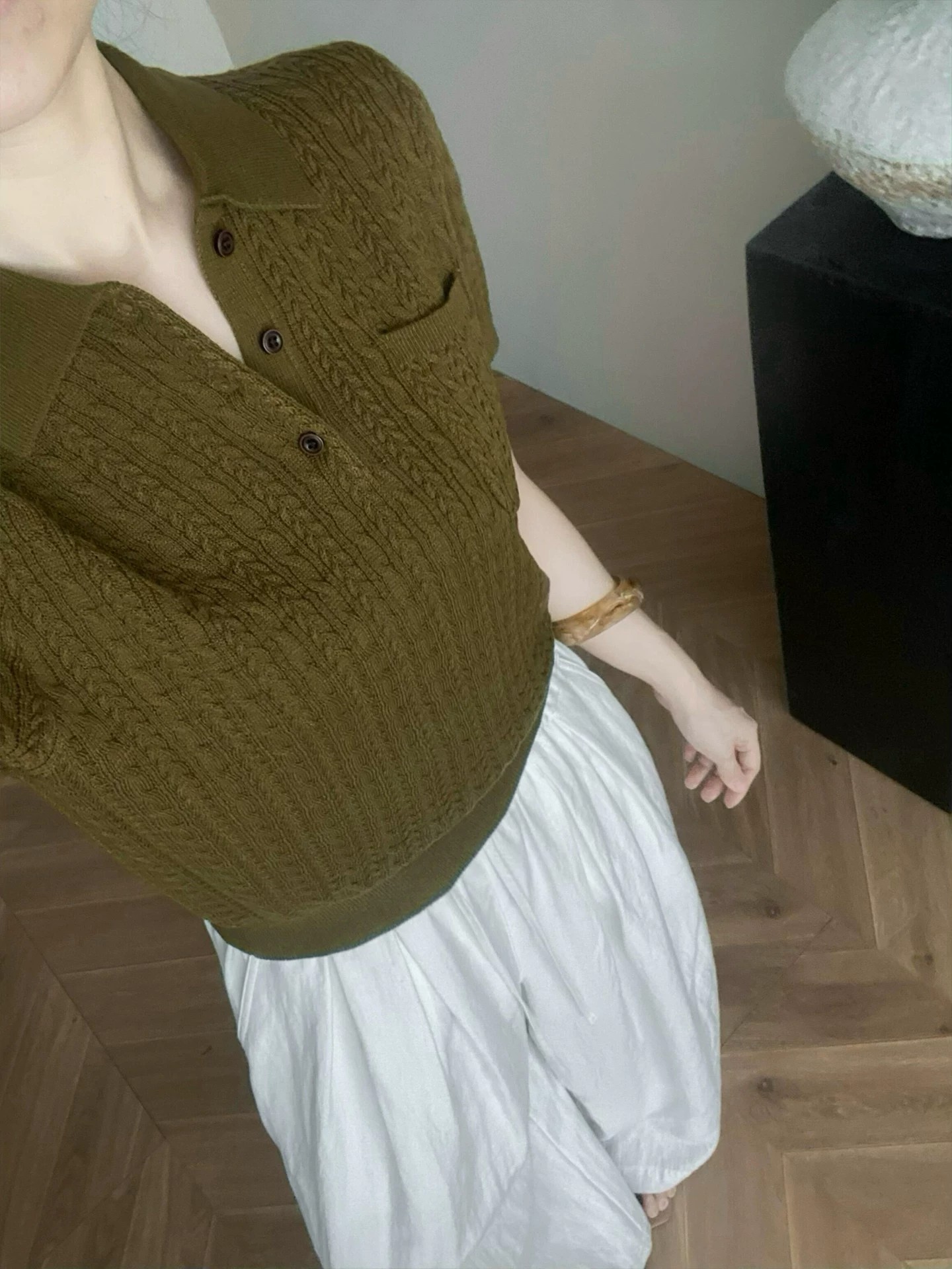 Retro Green Polo Collar Cable Knit Short Sleeve Sweater for Women Summer Chic