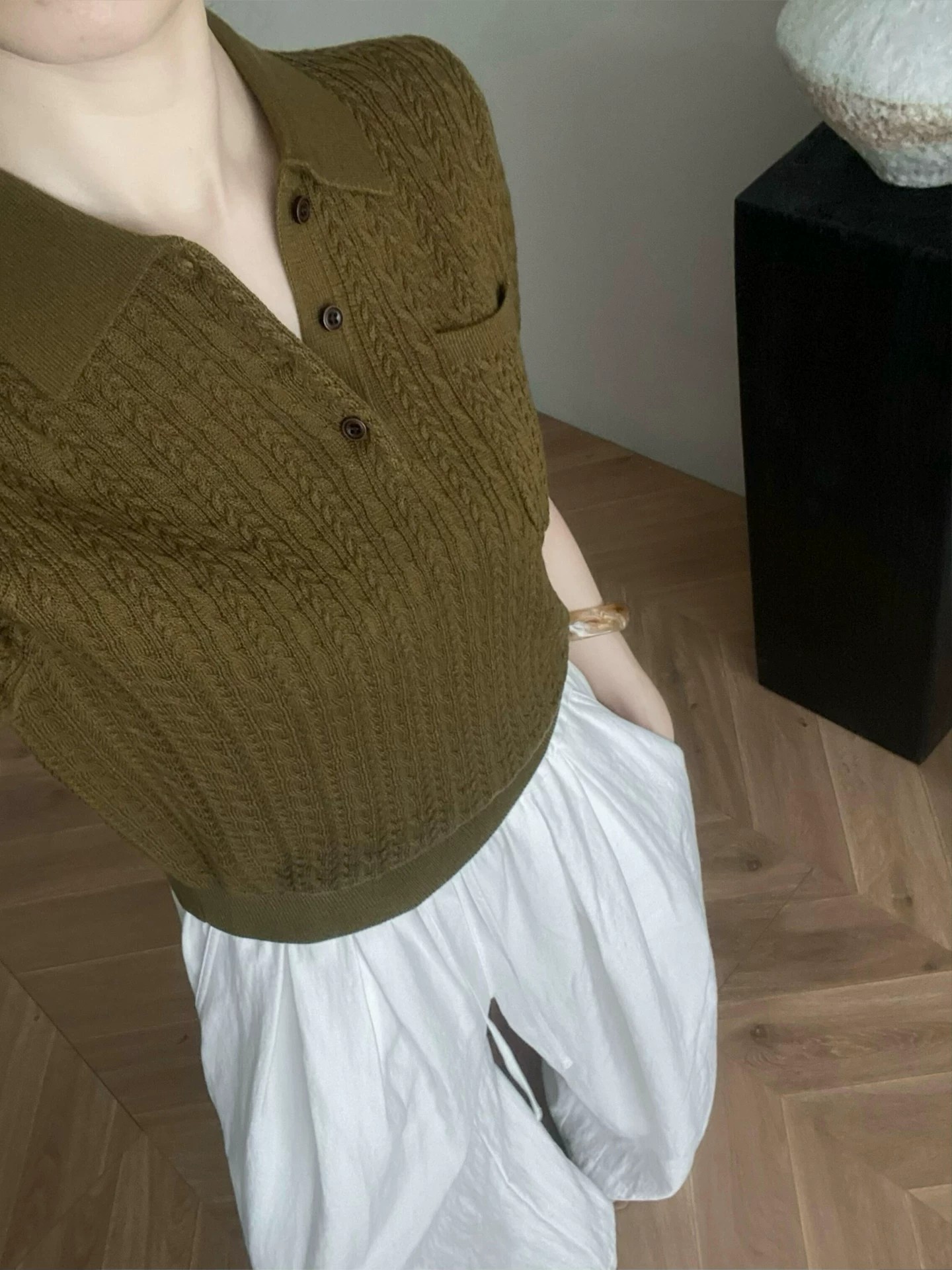 Retro Green Polo Collar Cable Knit Short Sleeve Sweater for Women Summer Chic - Image 4