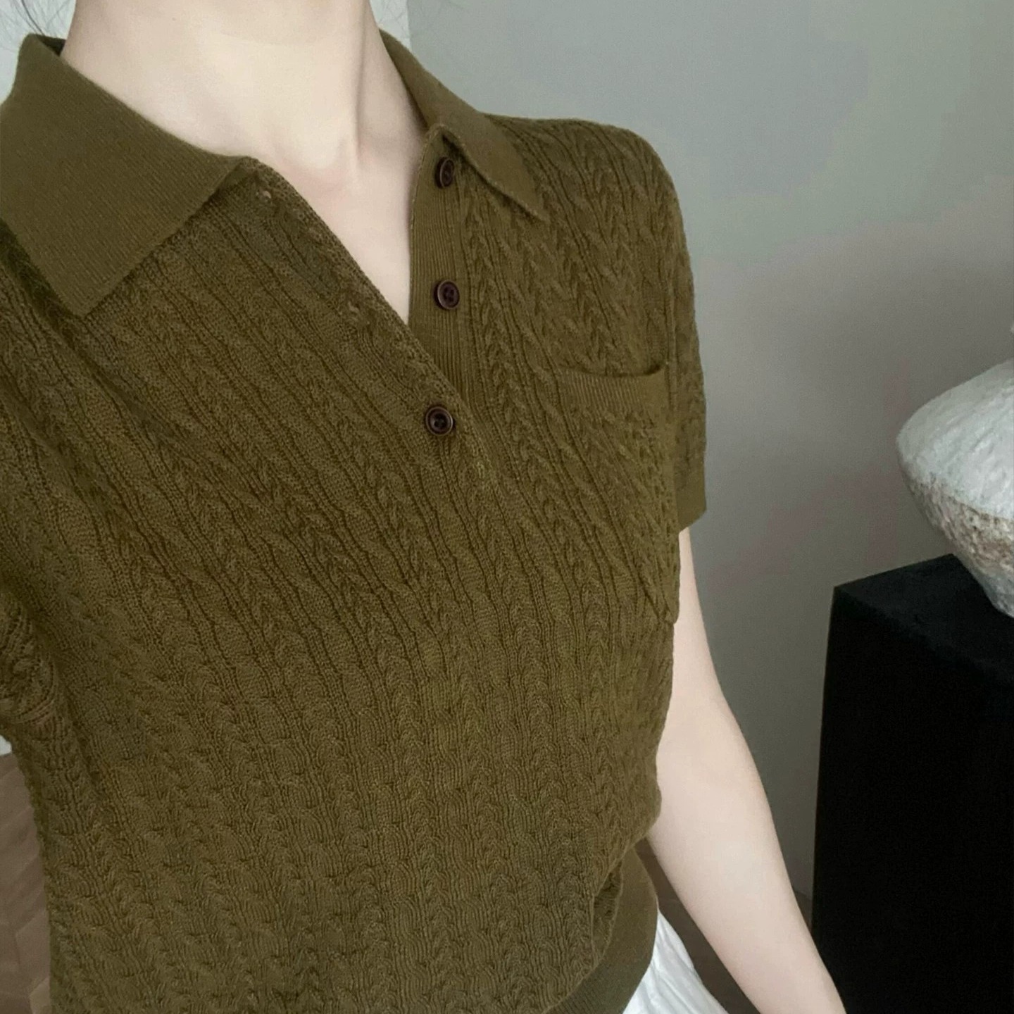 Retro Green Polo Collar Cable Knit Short Sleeve Sweater for Women Summer Chic - Image 5