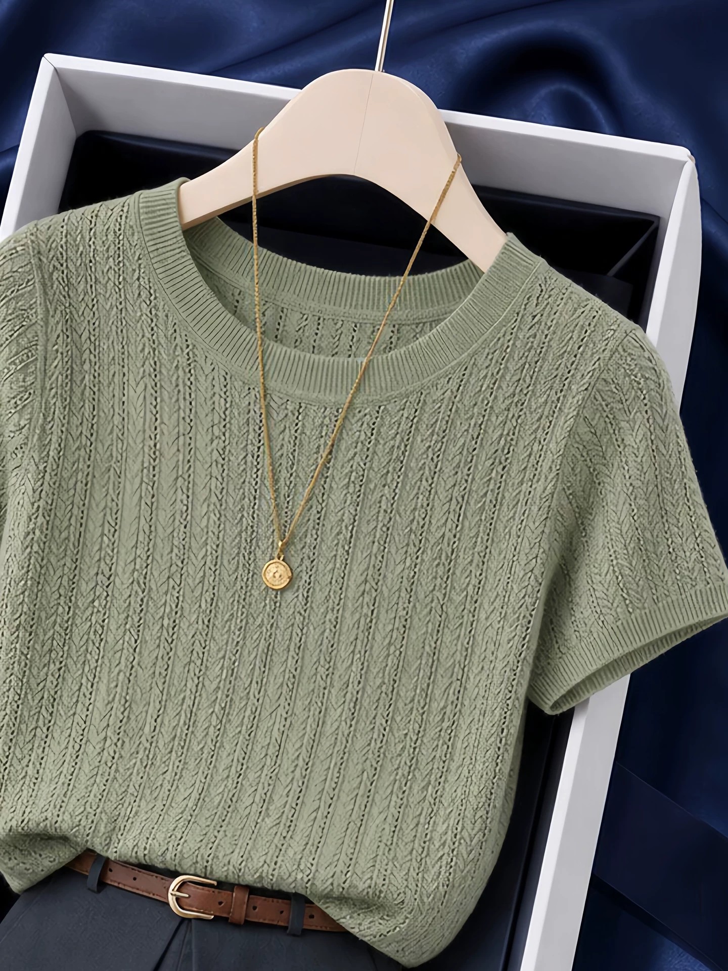 Green Cable Knit T-Shirt for Women 2026 Summer Short Sleeve Round Neck Soft Style Top - Image 3