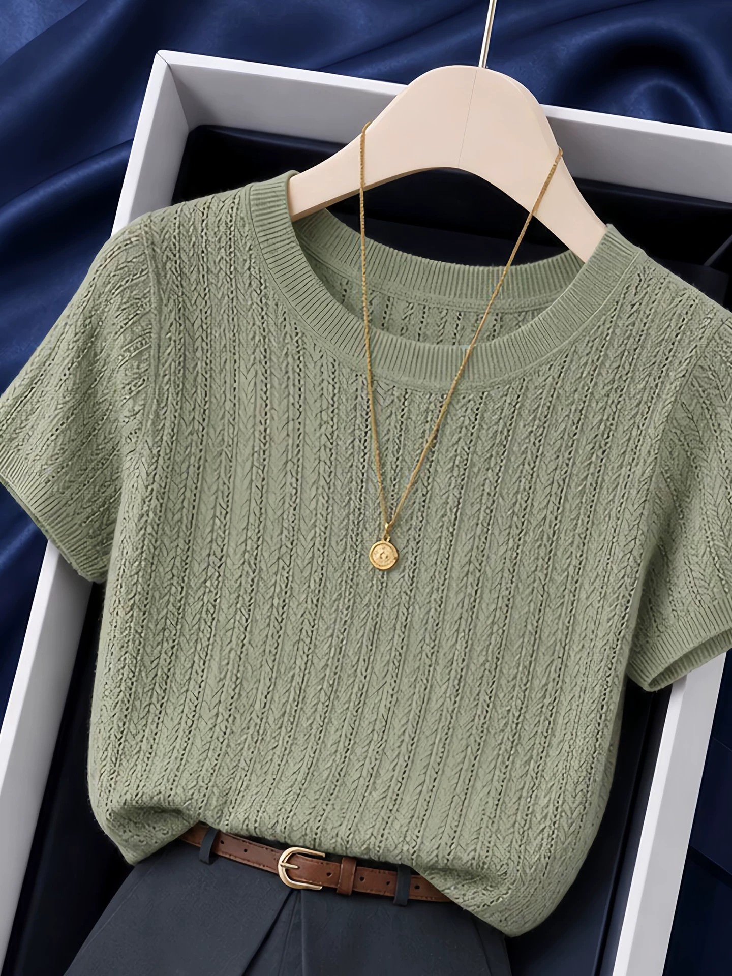 Green Cable Knit T-Shirt for Women 2026 Summer Short Sleeve Round Neck Soft Style Top - Image 4