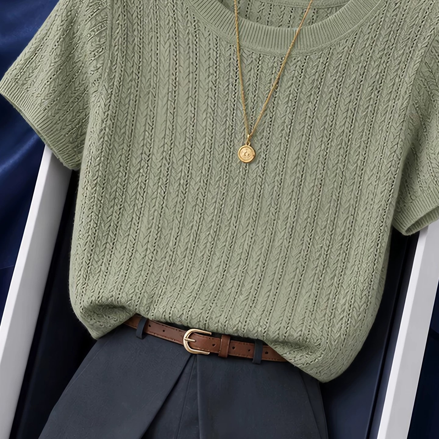 Green Cable Knit T-Shirt for Women 2026 Summer Short Sleeve Round Neck Soft Style Top - Image 5