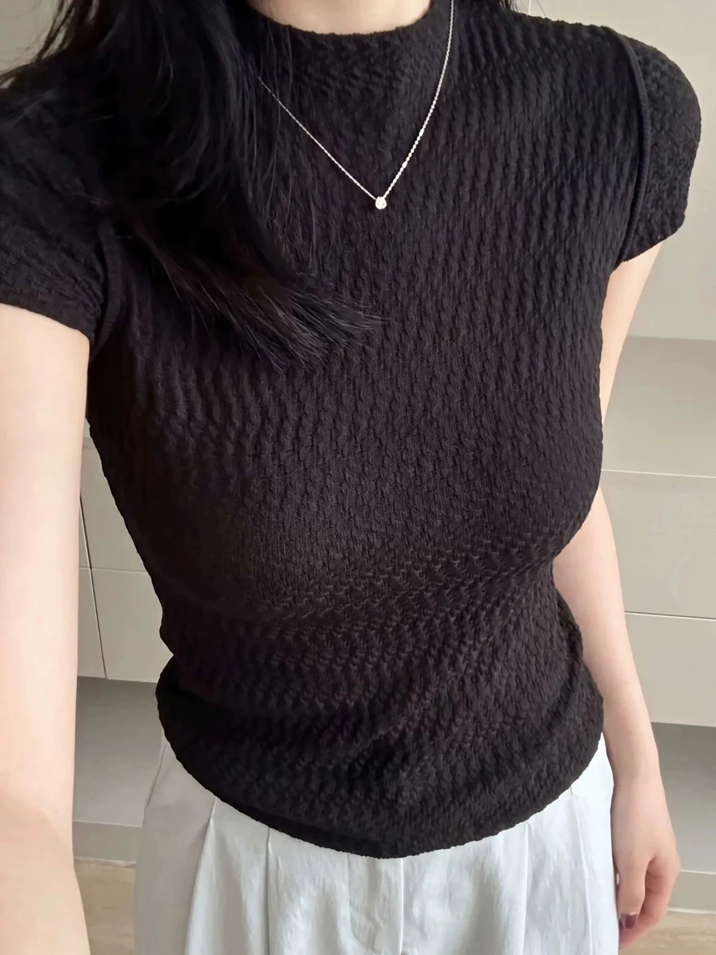 French Black Half Turtleneck Textured Knit Short Sleeve T-Shirt for Women Summer Chic Slimming Top