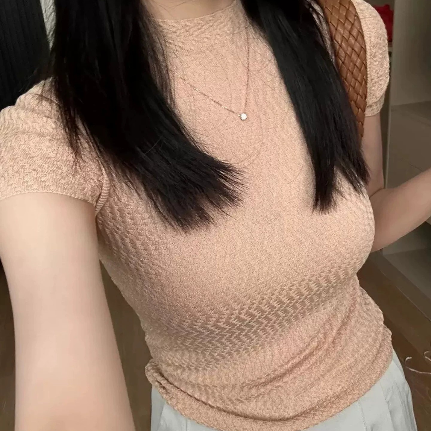 French Black Half Turtleneck Textured Knit Short Sleeve T-Shirt for Women Summer Chic Slimming Top - Image 5