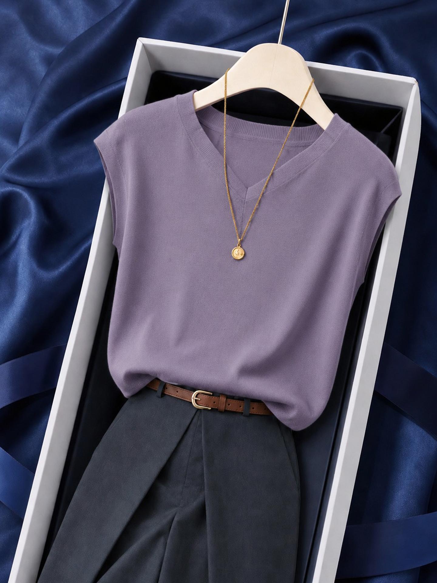 Purple V-Neck Short Sleeve Knit Top for Women Summer 2026