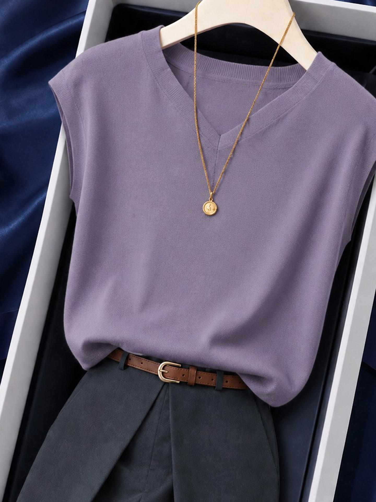 Purple V-Neck Short Sleeve Knit Top for Women Summer 2026 - Image 3