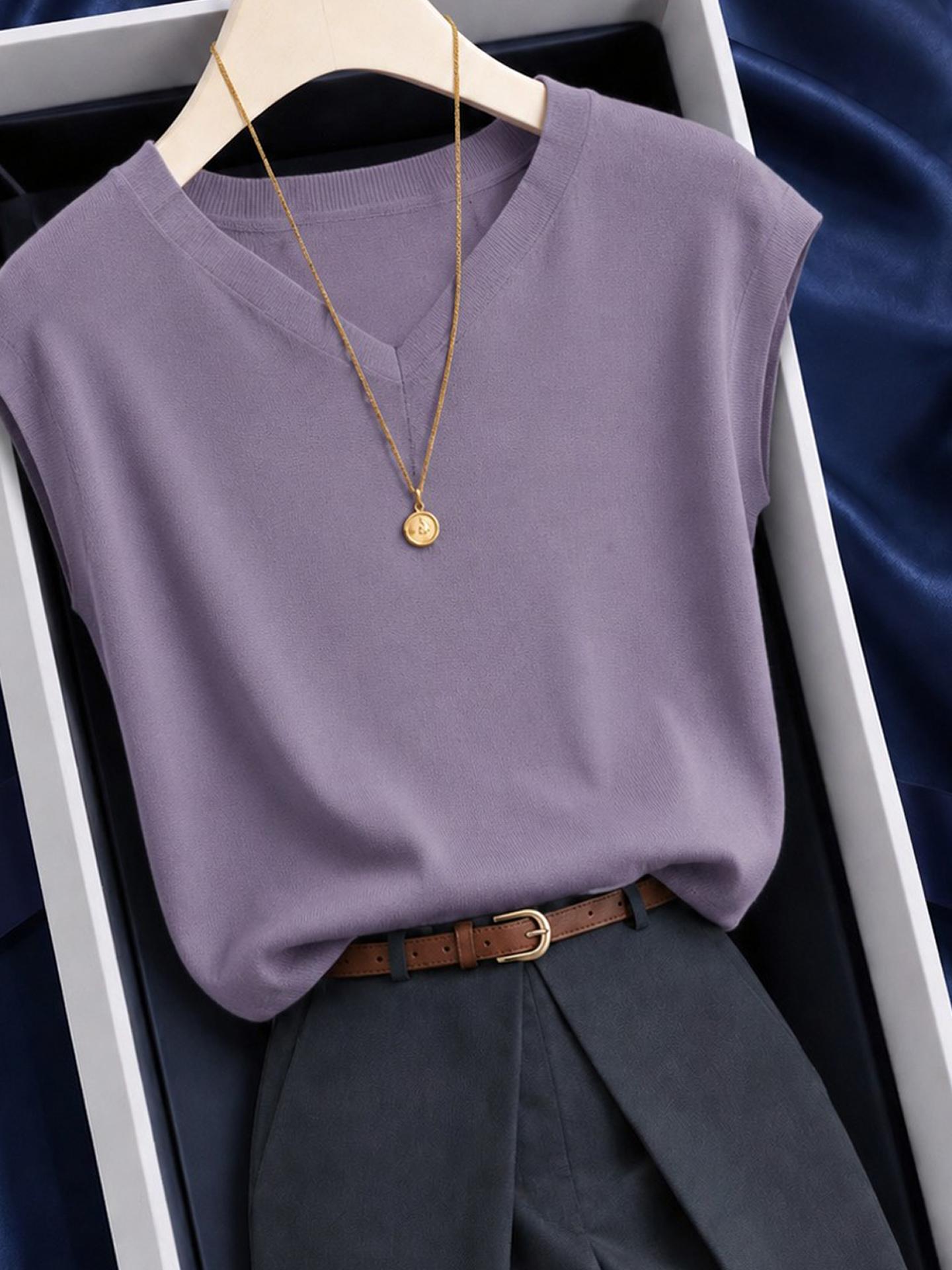 Purple V-Neck Short Sleeve Knit Top for Women Summer 2026