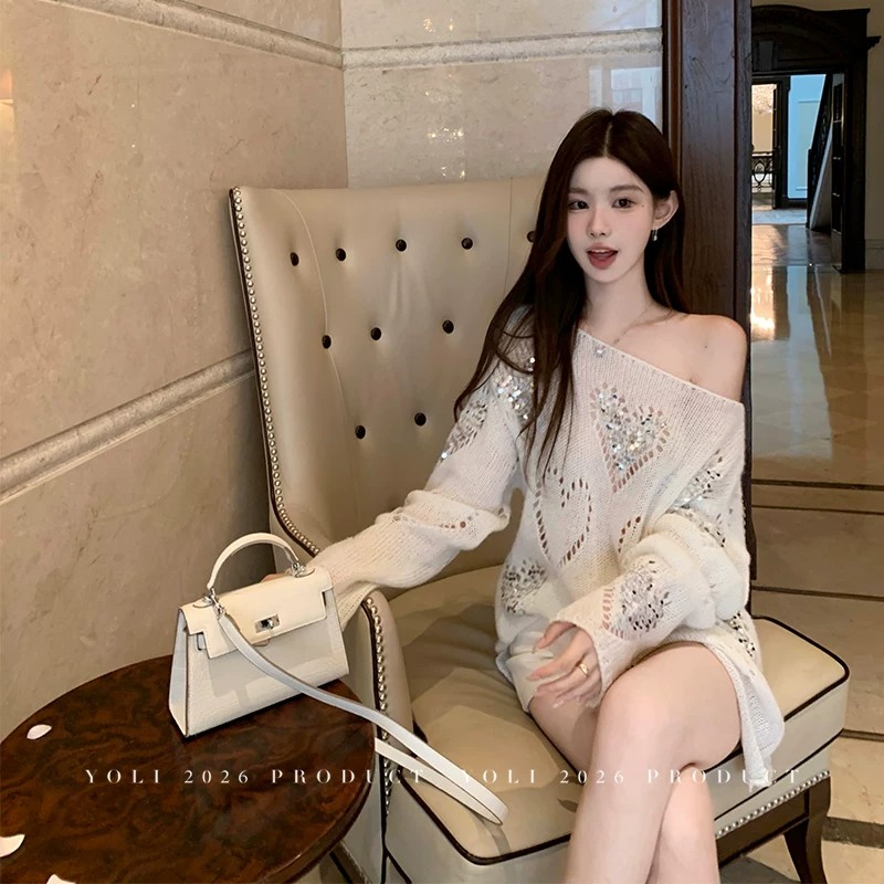 Off-White Women’s Knit Sweater Korean Style Lazy Loose Slimming Hollow-Out Top