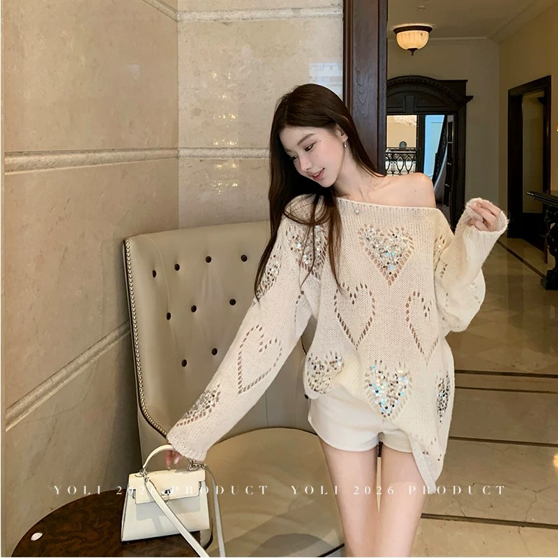 Off-White Women’s Knit Sweater Korean Style Lazy Loose Slimming Hollow-Out Top