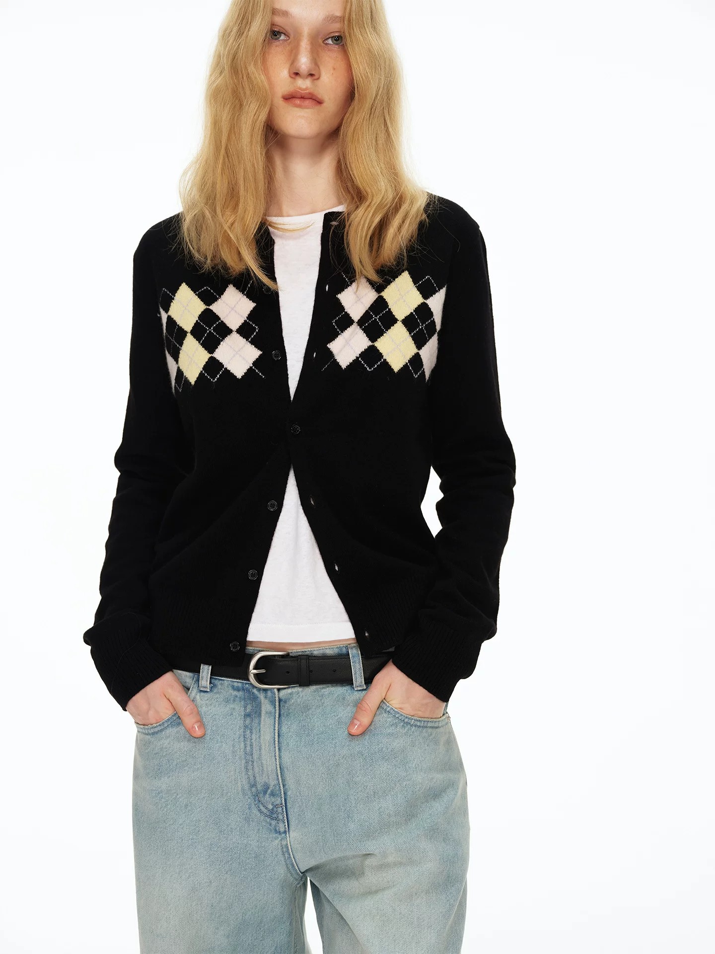 Red Vintage Argyle Knit Cardigan for Women Fall Winter French Style Color Block Jacquard Sweater Outerwear