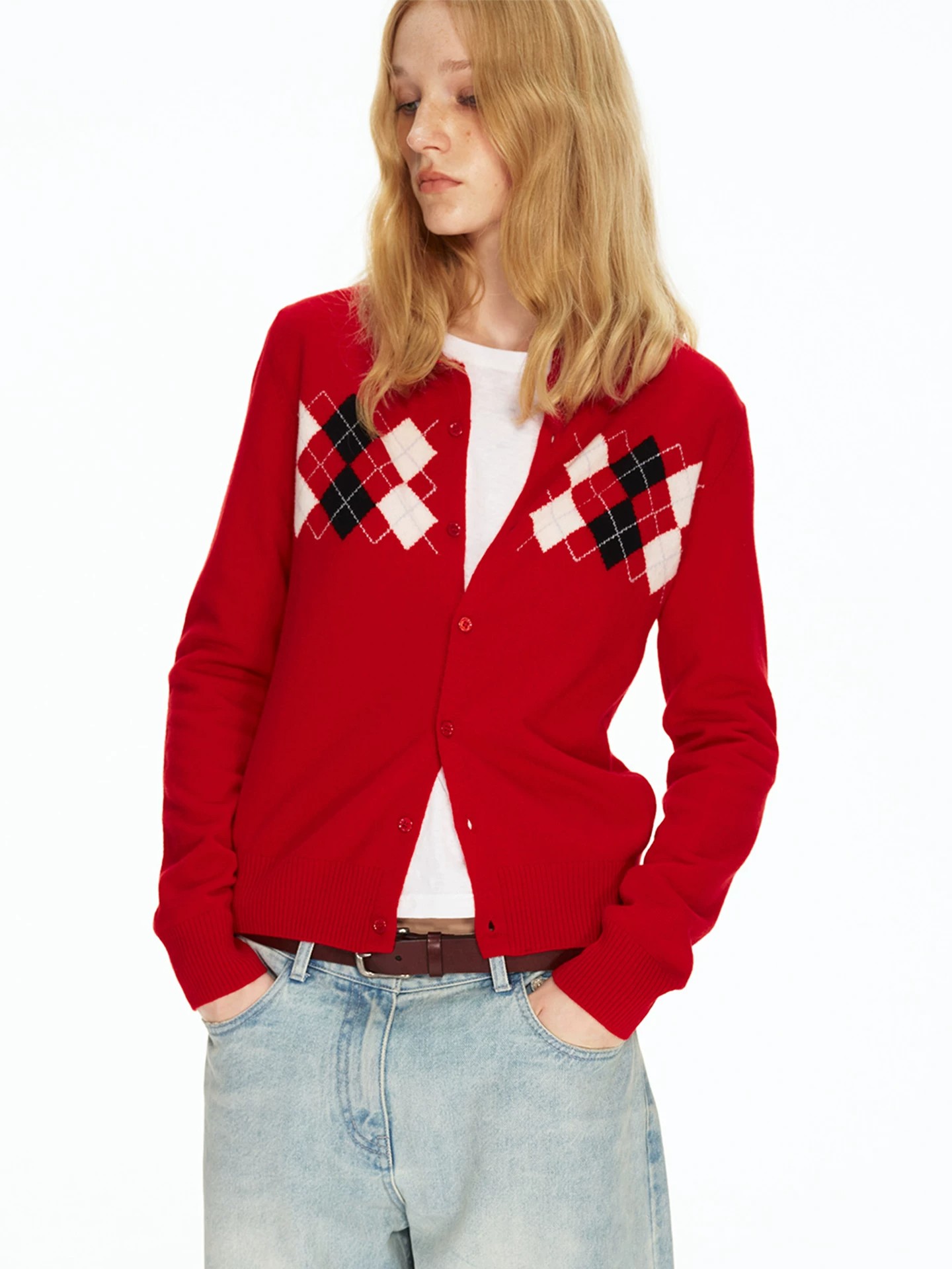 Red Vintage Argyle Knit Cardigan for Women Fall Winter French Style Color Block Jacquard Sweater Outerwear