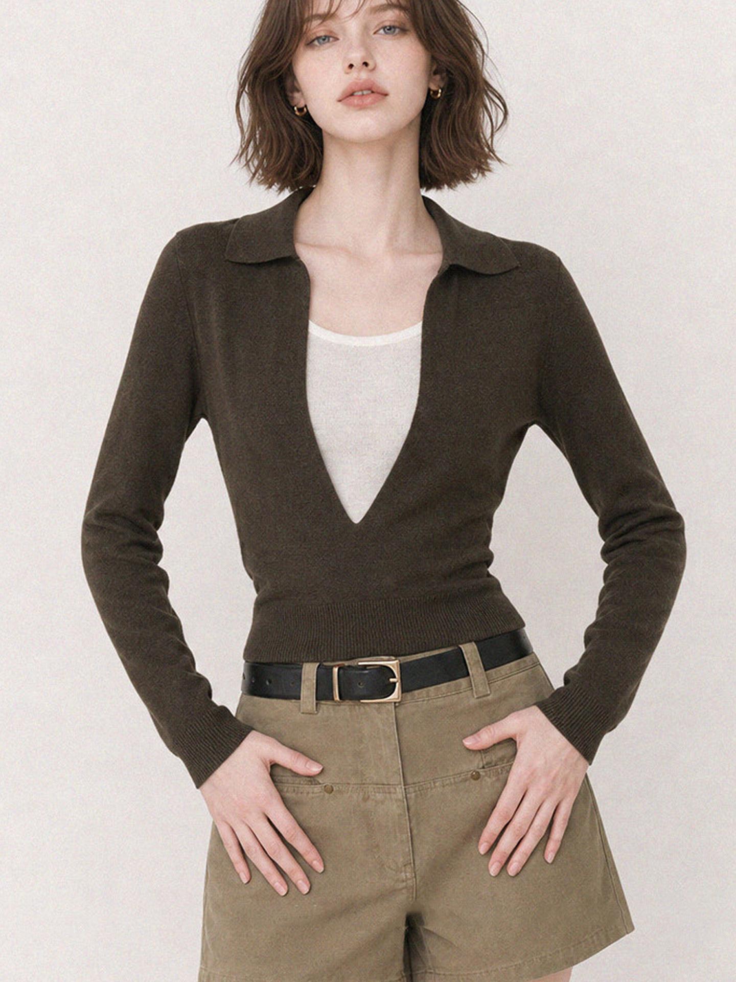Women’s Olive Green Faux Two-Piece Deep V-Neck Knit Top Long Sleeve Fall Design