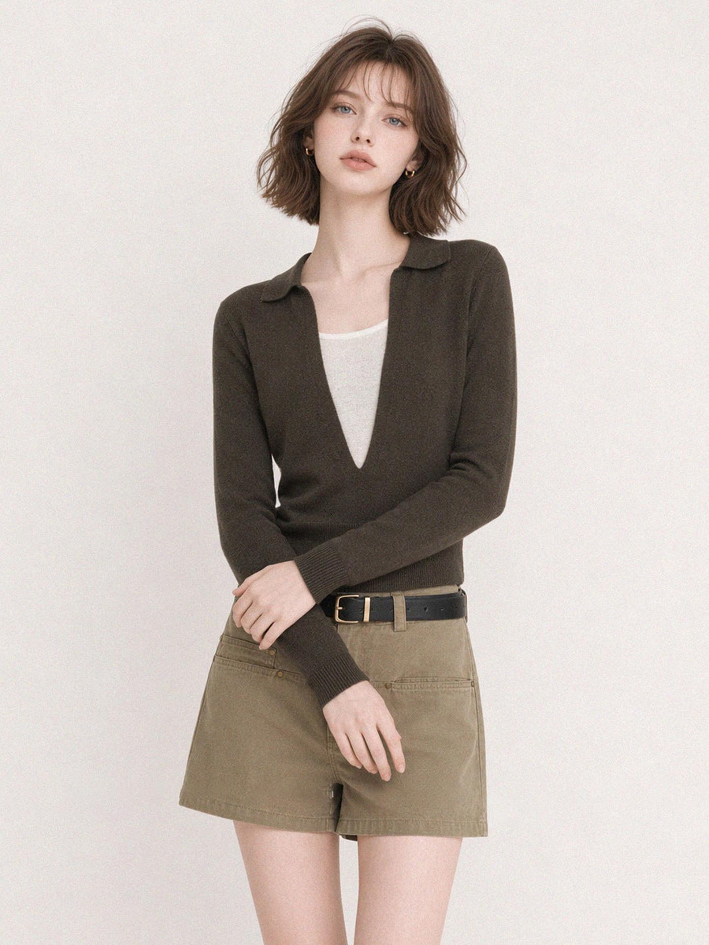 Women’s Olive Green Faux Two-Piece Deep V-Neck Knit Top Long Sleeve Fall Design