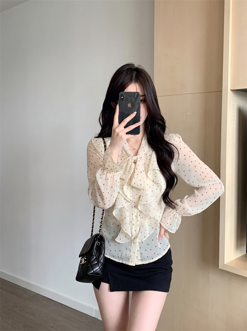 French Style Polka Dot Ruffle Blouse with Long Sleeves for Women