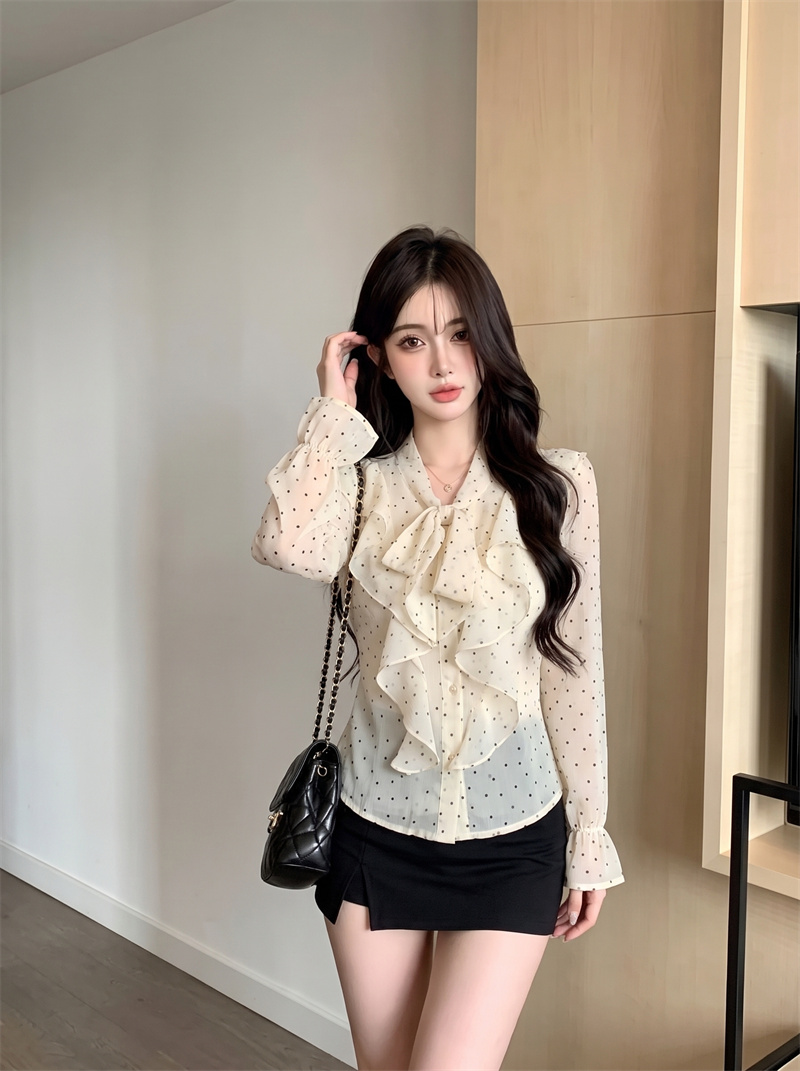 French Style Polka Dot Ruffle Blouse with Long Sleeves for Women