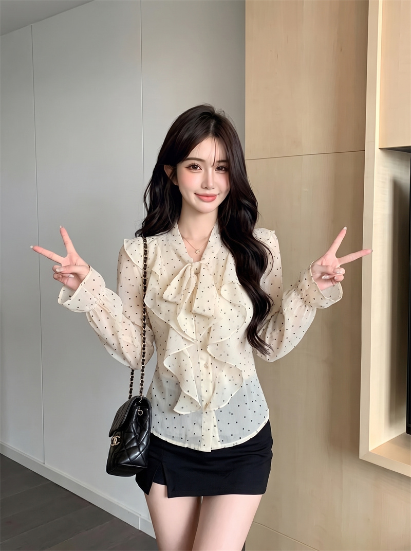 French Style Polka Dot Ruffle Blouse with Long Sleeves for Women - Image 3