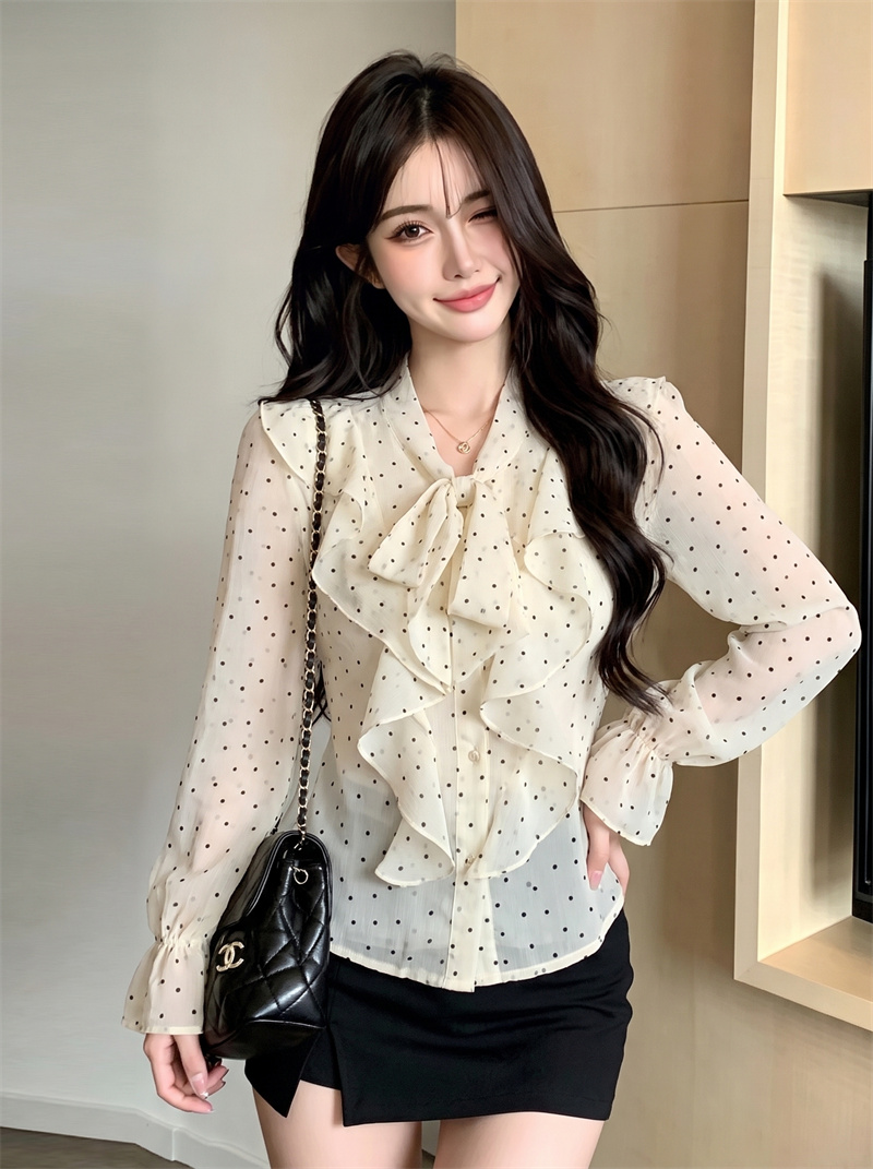 French Style Polka Dot Ruffle Blouse with Long Sleeves for Women - Image 4