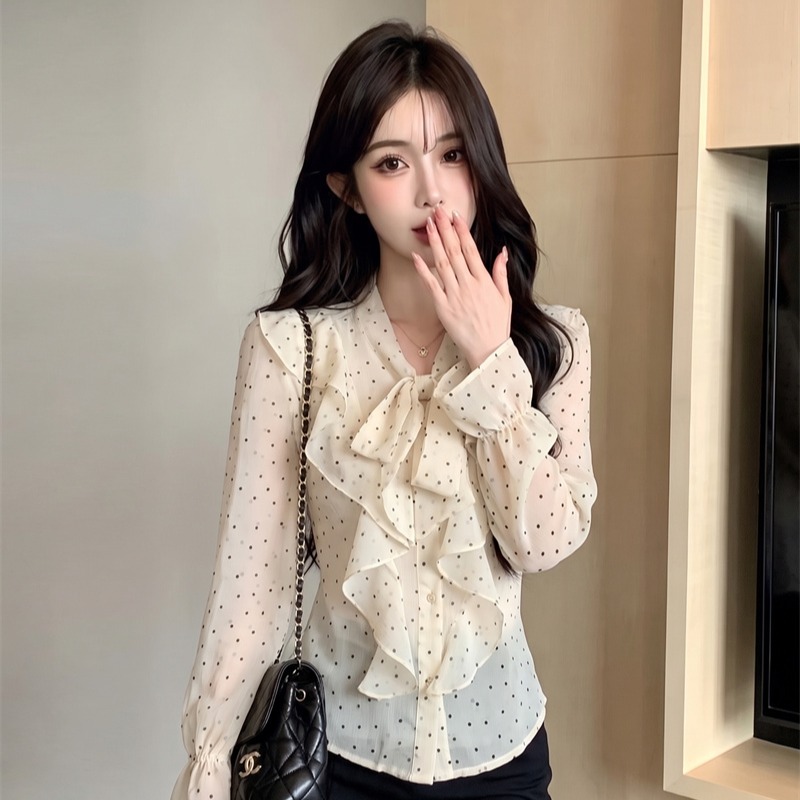 French Style Polka Dot Ruffle Blouse with Long Sleeves for Women - Image 5