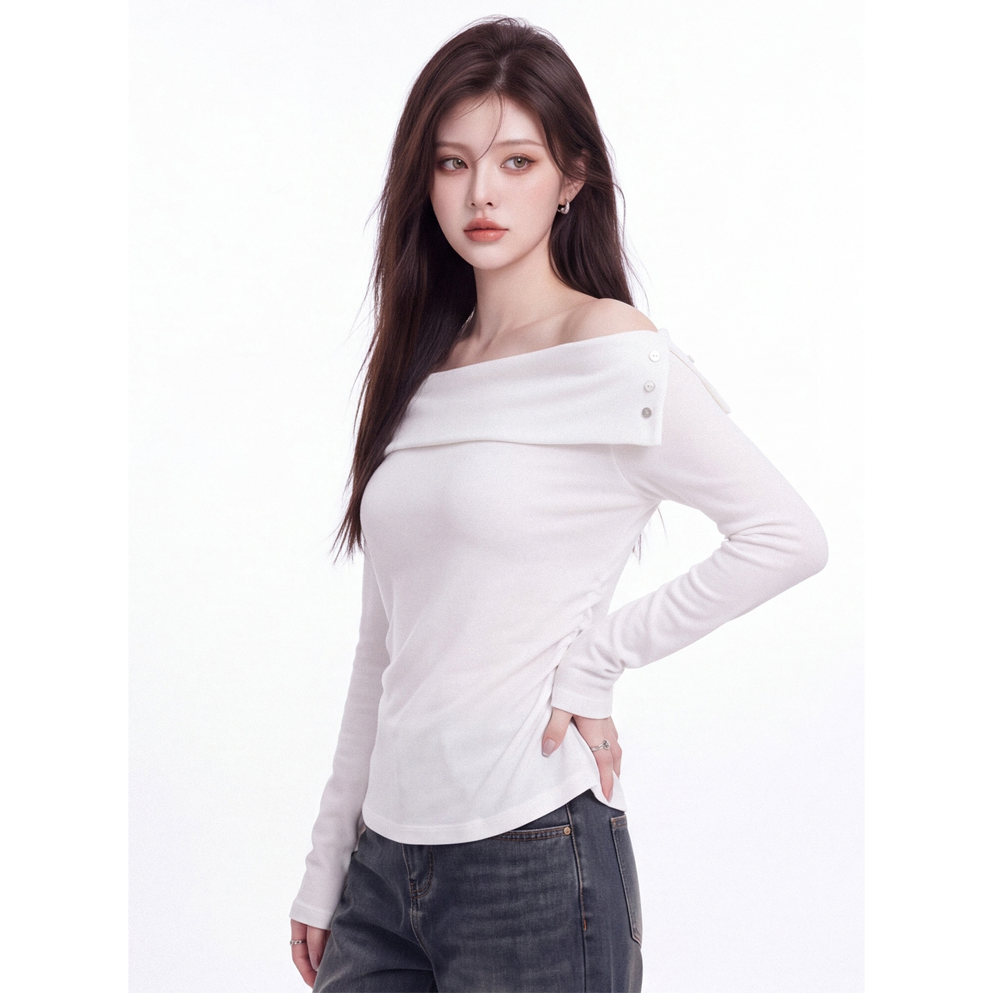Korean Style Asymmetric Off-Shoulder Long Sleeve T-Shirt for Women 2026 Autumn Slim Fit Solid Color Top - Image 3