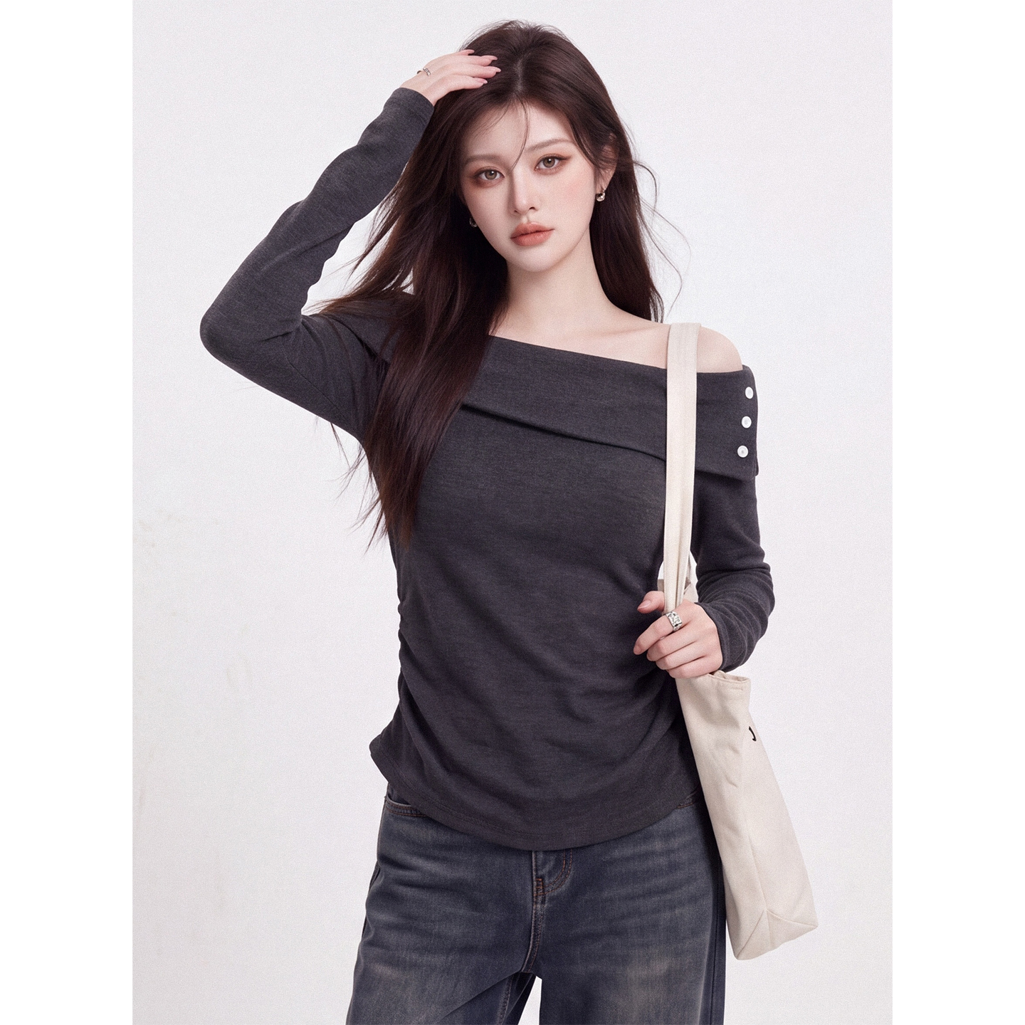 Korean Style Asymmetric Off-Shoulder Long Sleeve T-Shirt for Women 2026 Autumn Slim Fit Solid Color Top - Image 4