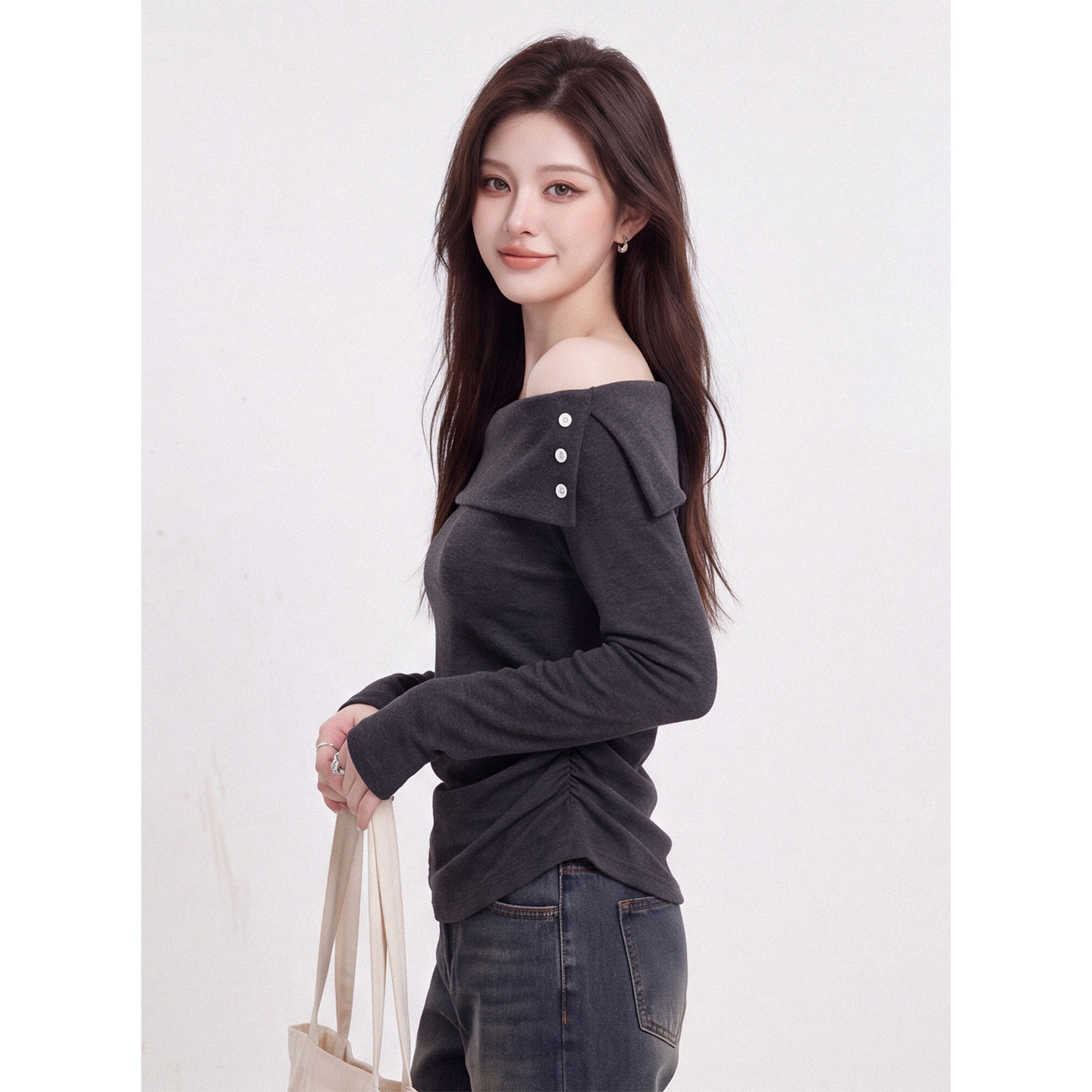 Korean Style Asymmetric Off-Shoulder Long Sleeve T-Shirt for Women 2026 Autumn Slim Fit Solid Color Top - Image 5