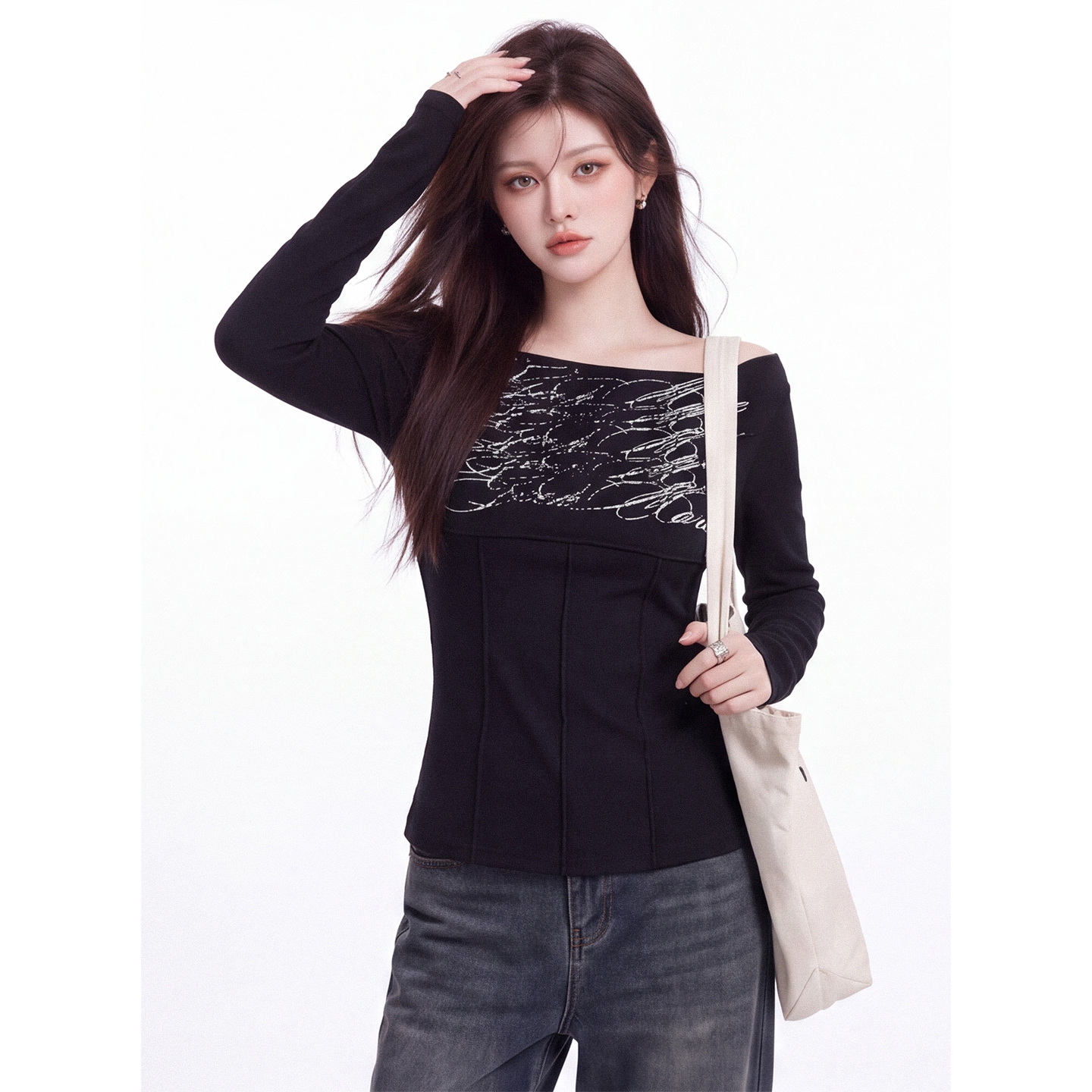 Women’s Off-Shoulder Letter Print Slim Fit Long Sleeve T-Shirt Fall New