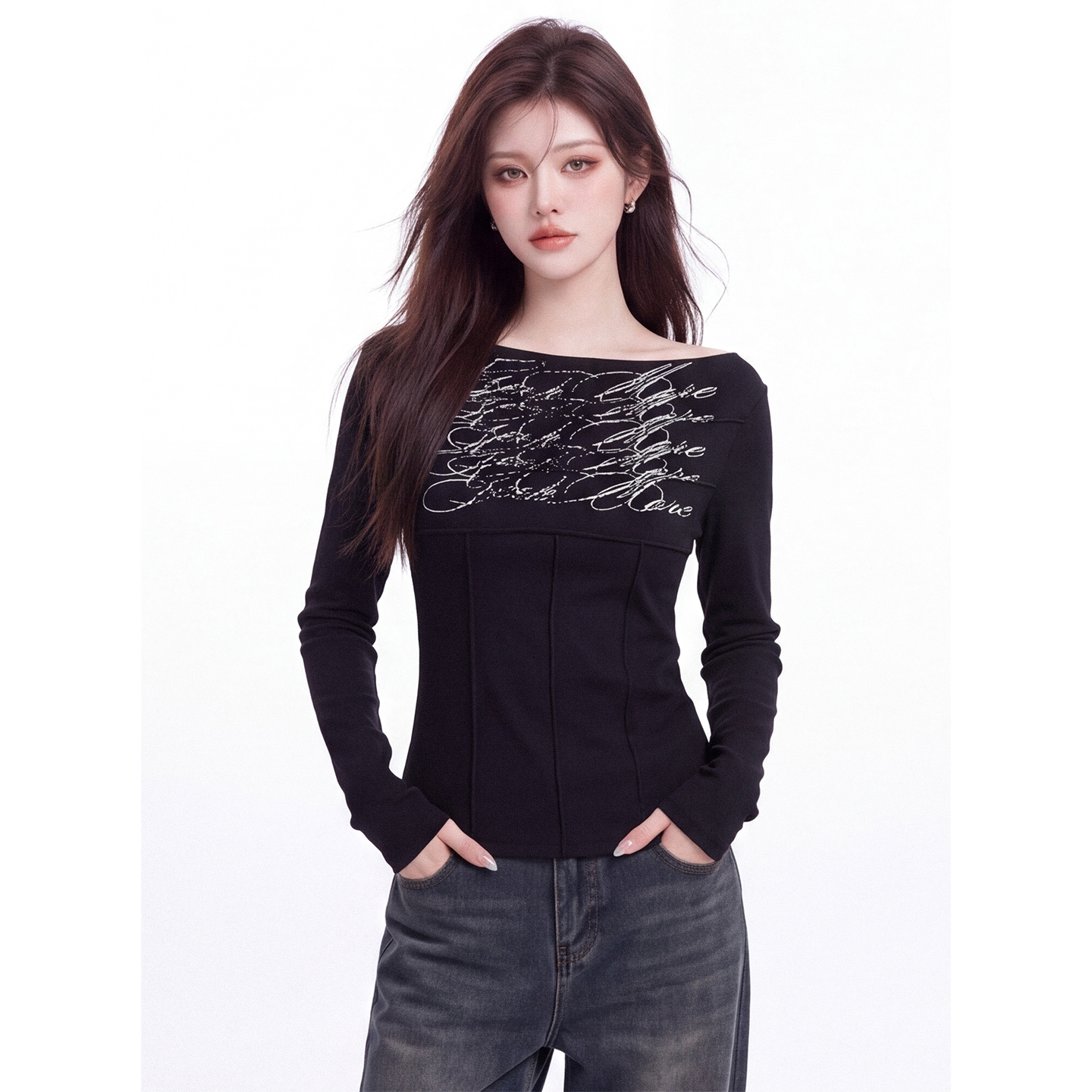 Women’s Off-Shoulder Letter Print Slim Fit Long Sleeve T-Shirt Fall New