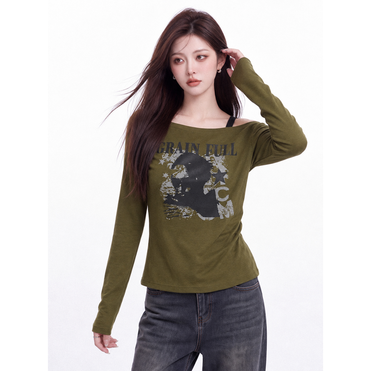 Women's Halter Fake Two-Piece Off-Shoulder Long-Sleeve T-Shirt with Letter Print and Pleated Waist