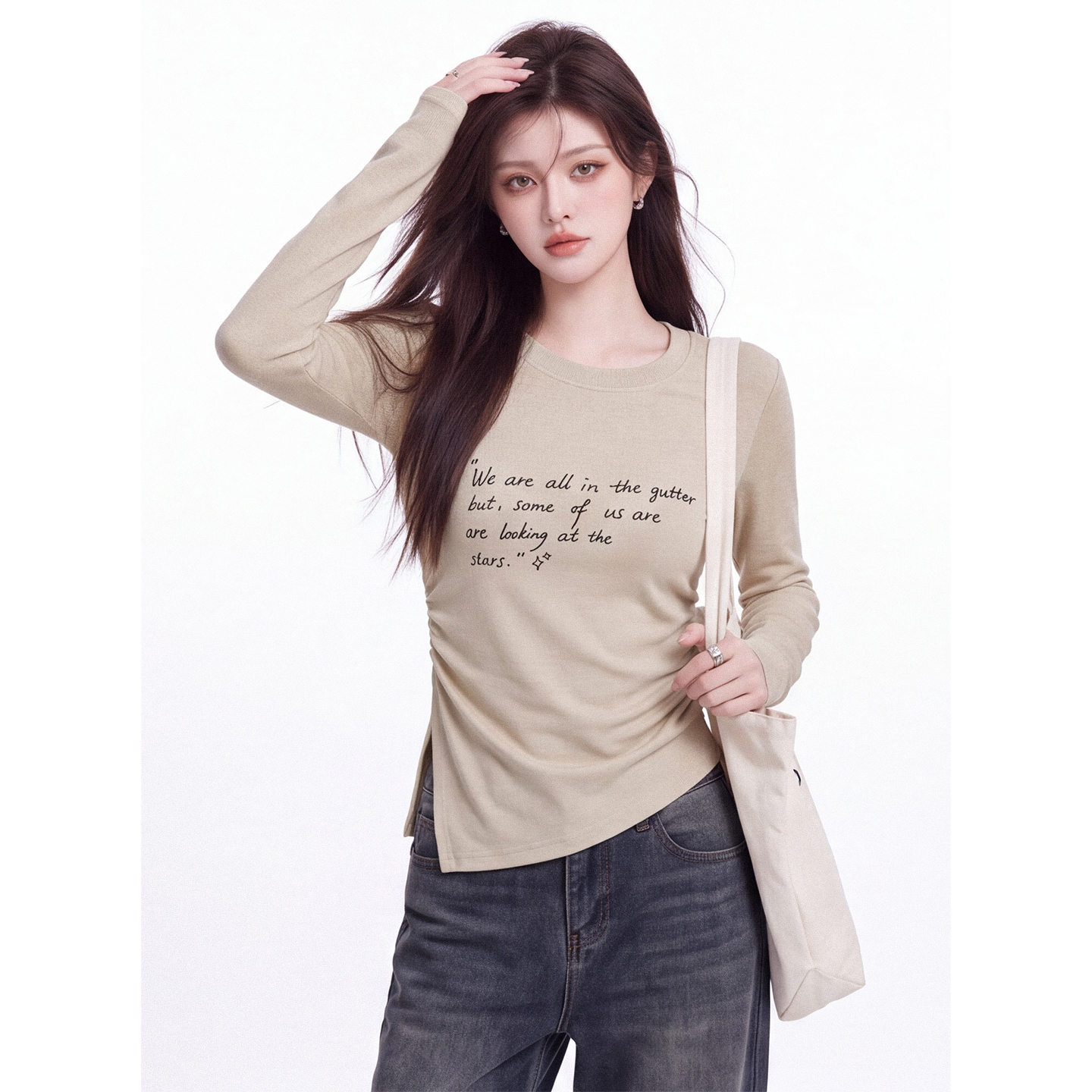 Early Autumn Women’s Long Sleeve T-Shirt with Back Cutout, Slit and Waist-Cinching Slimming Base Layer Top 2026 New