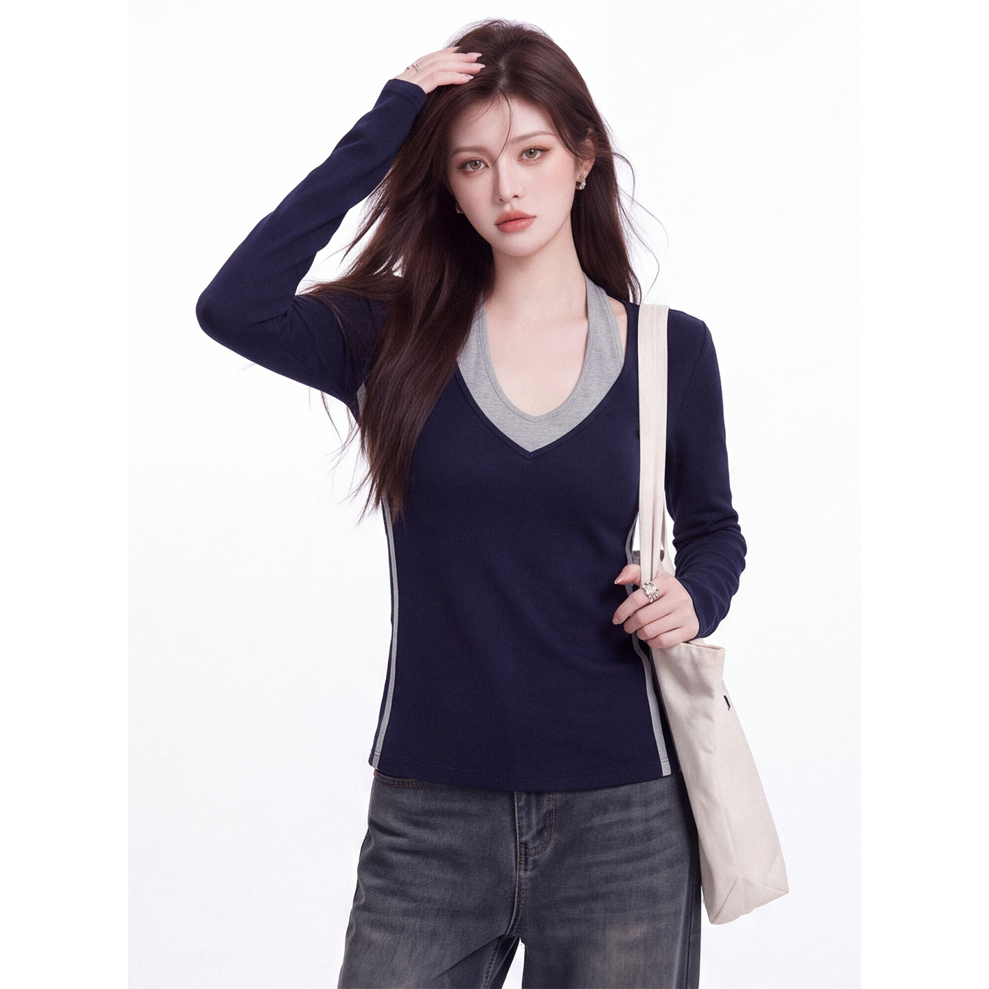 Korean Color Block V-Neck Halter Fake Two-Piece Long Sleeve T-Shirt Women’s Fall Slimming Base Layer Top