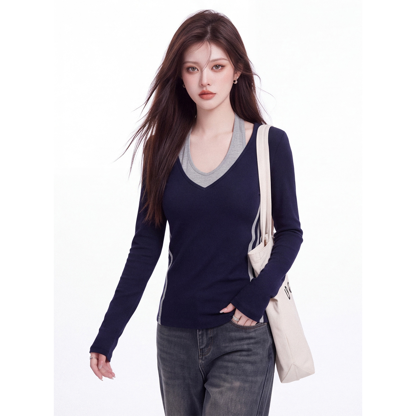 Korean Color Block V-Neck Halter Fake Two-Piece Long Sleeve T-Shirt Women’s Fall Slimming Base Layer Top