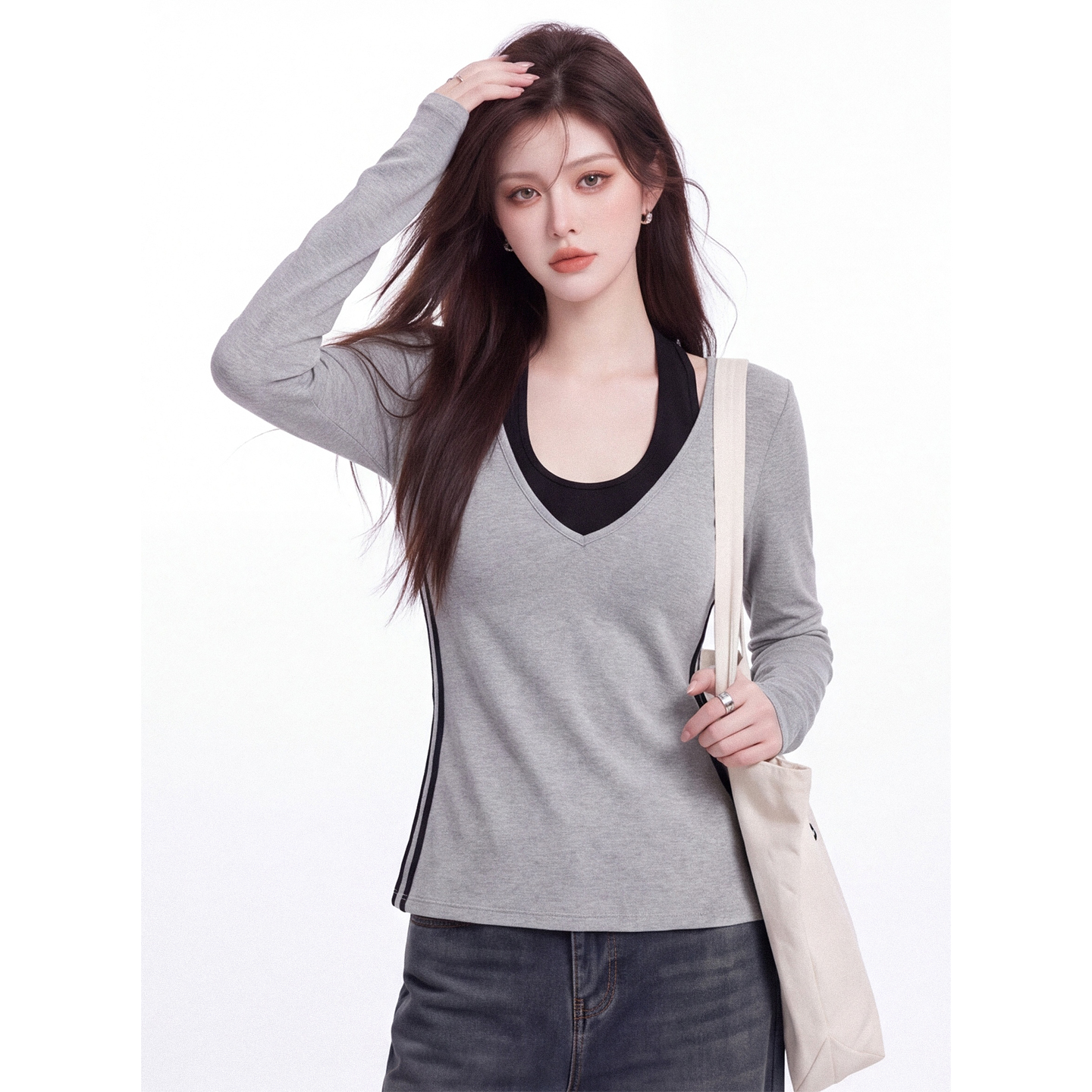 Korean Color Block V-Neck Halter Fake Two-Piece Long Sleeve T-Shirt Women's Fall Slimming Base Layer Top - Image 4